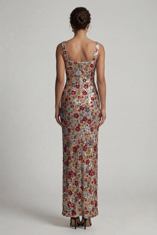 Square Neck Floral Mermaid Sparkly Red Sequin Long Mother of the Bride Dress