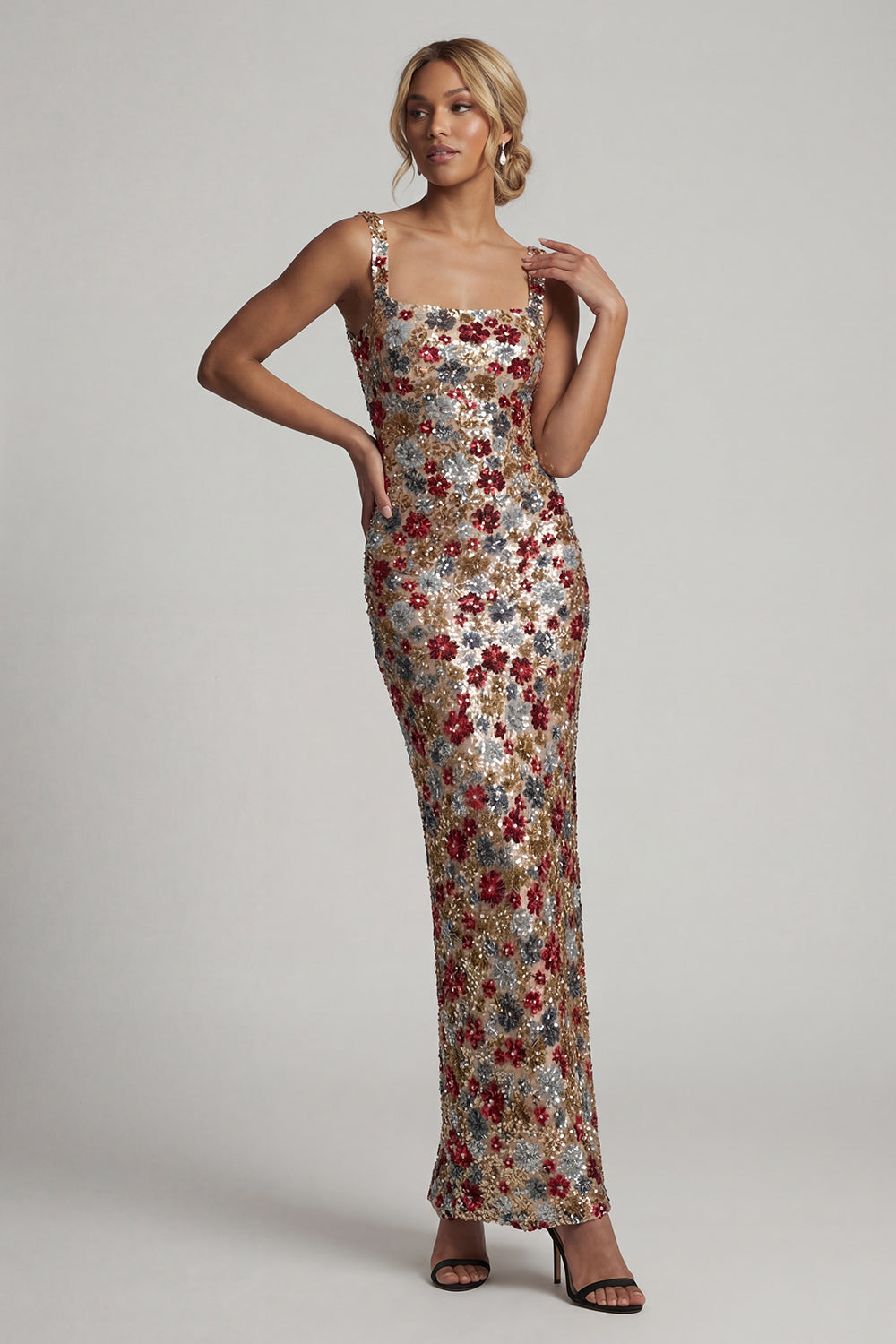 Square Neck Floral Mermaid Sparkly Red Sequin Long Mother of the Bride Dress