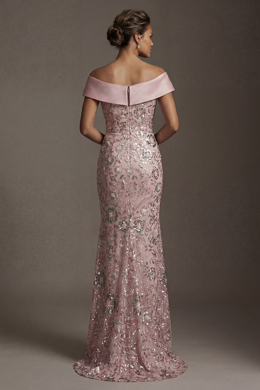 Long Off the Shoulder Mermaid Beaded Sparkly Pink Mother of the Bride Dress