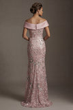 Long Off the Shoulder Mermaid Beaded Sparkly Pink Mother of the Bride Dress
