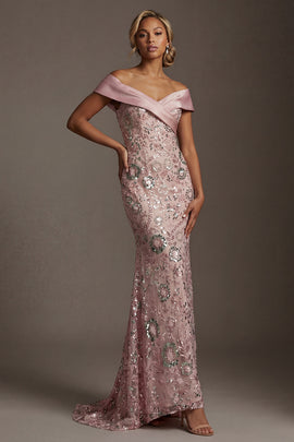 Long Off the Shoulder Mermaid Beaded Sparkly Pink Mother of the Bride Dress