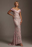 Long Off the Shoulder Mermaid Beaded Sparkly Pink Mother of the Bride Dress