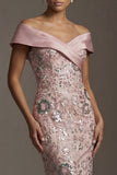 Long Off the Shoulder Mermaid Beaded Sparkly Pink Mother of the Bride Dress