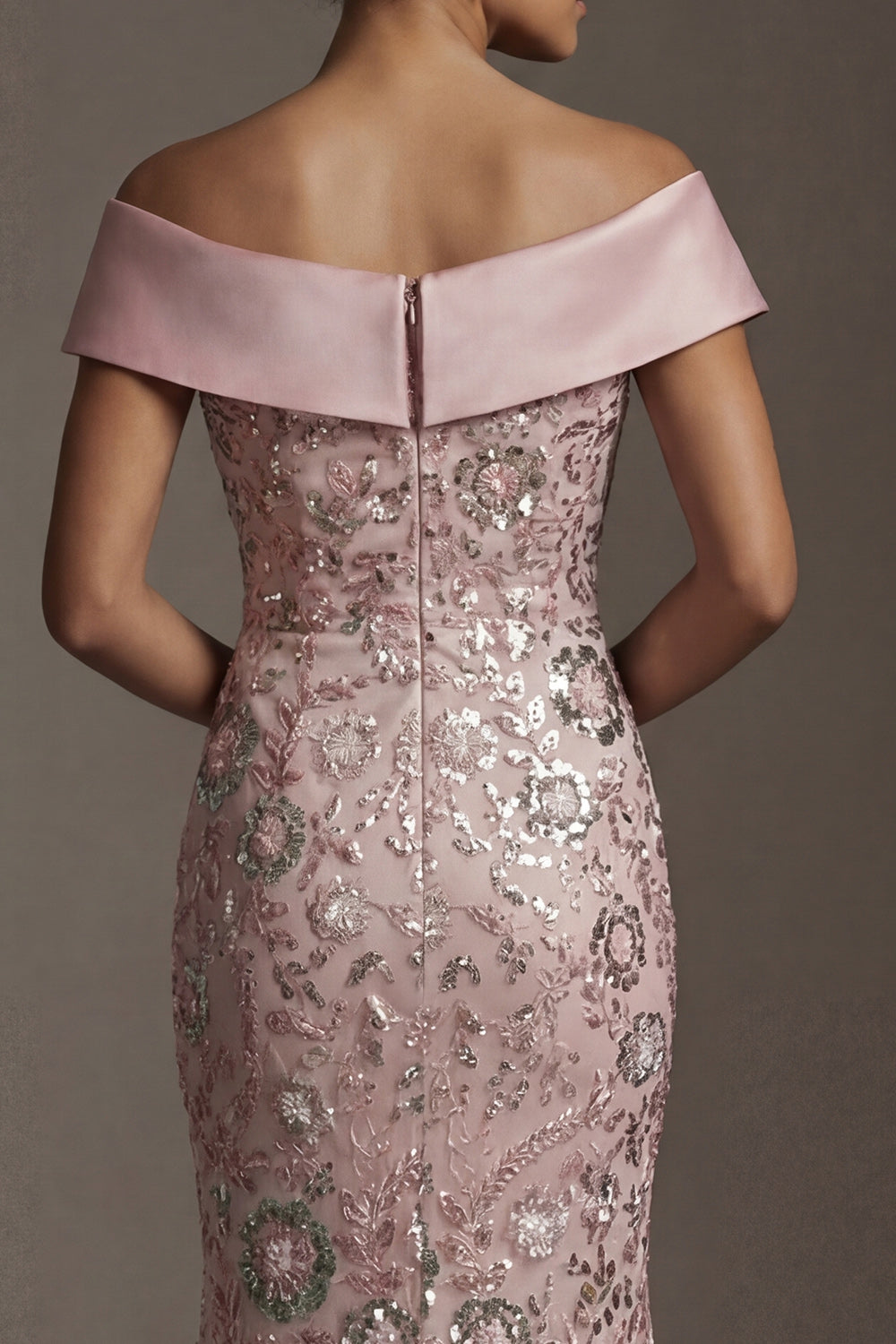 Long Off the Shoulder Mermaid Beaded Sparkly Pink Mother of the Bride Dress