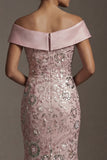 Long Off the Shoulder Mermaid Beaded Sparkly Pink Mother of the Bride Dress