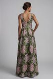 V-Neck Floral Dark Green Long A Line Mother of the Bride Dress with Pockets