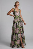 V-Neck Floral Dark Green Long A Line Mother of the Bride Dress with Pockets