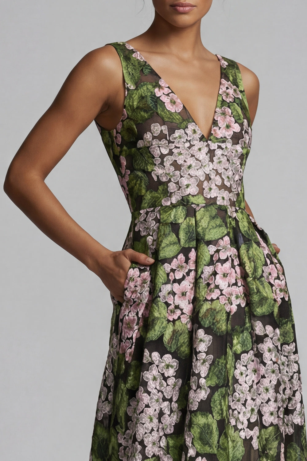 V-Neck Floral Dark Green Long A Line Mother of the Bride Dress with Pockets
