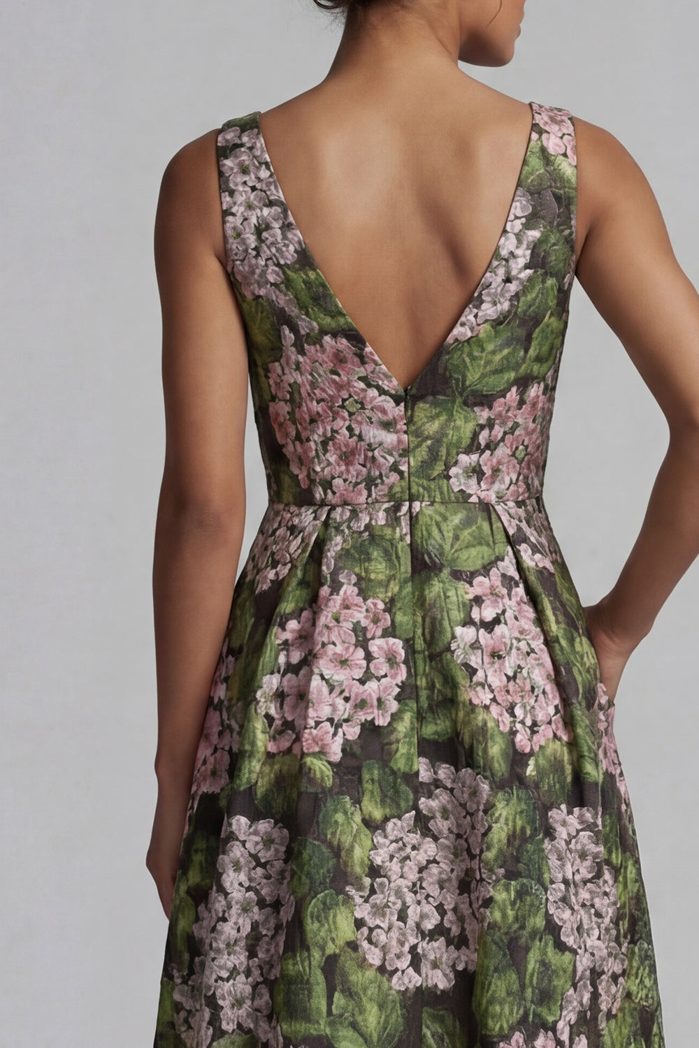V-Neck Floral Dark Green Long A Line Mother of the Bride Dress with Pockets