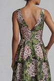 V-Neck Floral Dark Green Long A Line Mother of the Bride Dress with Pockets