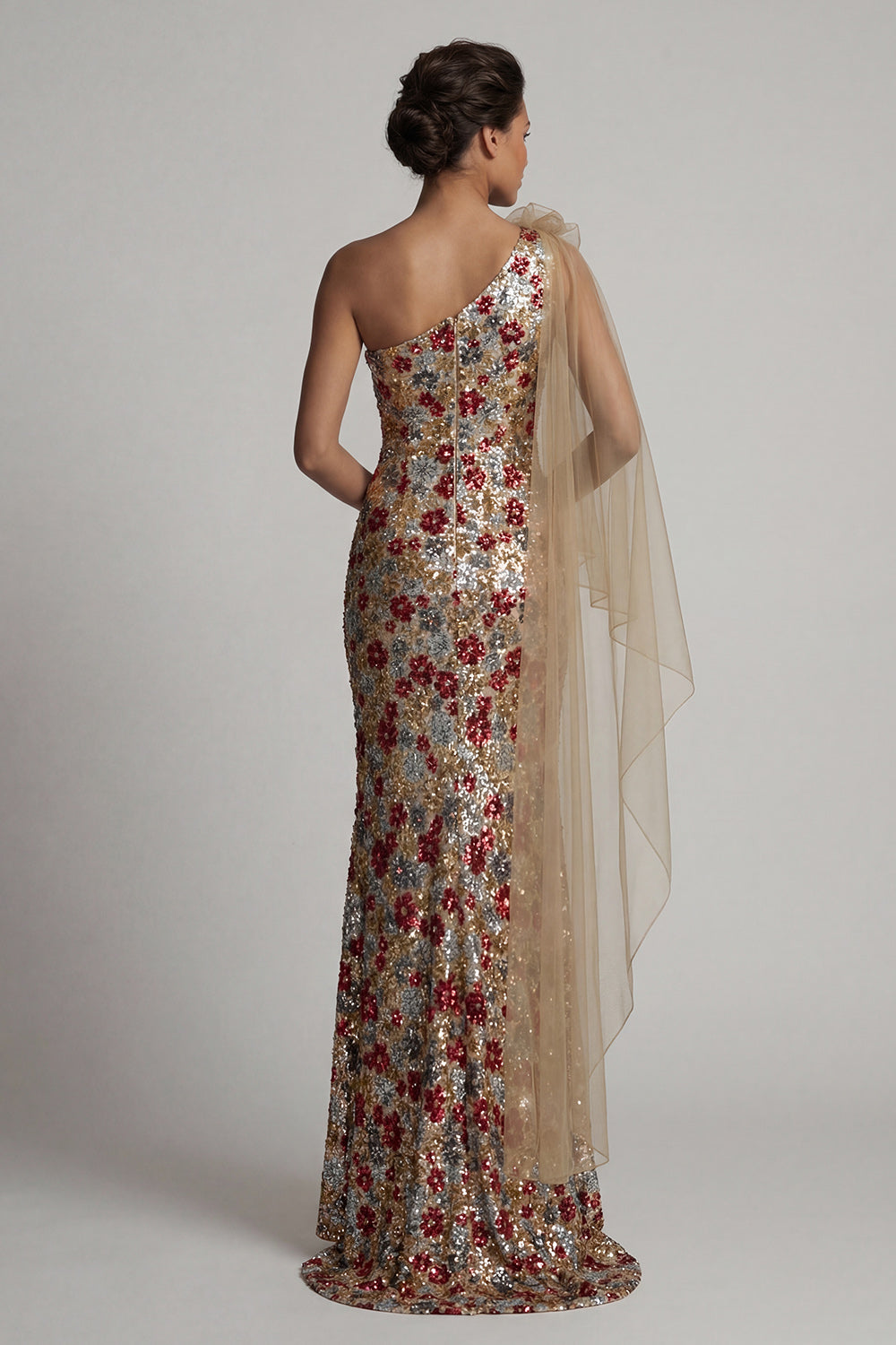 Floral Mermaid Sparkly Red Ruffled Sequin Long Mother of the Bride Dress with Side Cape