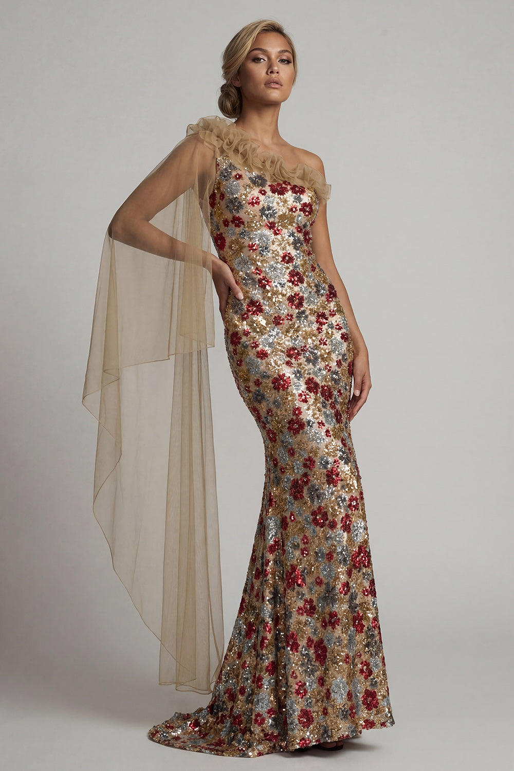 Floral Mermaid Sparkly Red Ruffled Sequin Long Mother of the Bride Dress with Side Cape