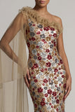 Floral Mermaid Sparkly Red Ruffled Sequin Long Mother of the Bride Dress with Side Cape