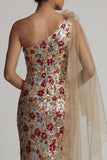 Floral Mermaid Sparkly Red Ruffled Sequin Long Mother of the Bride Dress with Side Cape