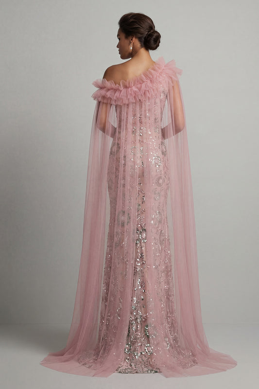 Ruffled Mermaid Beaded Long Sparkly Pink Mother of the Bride Dress with Cape
