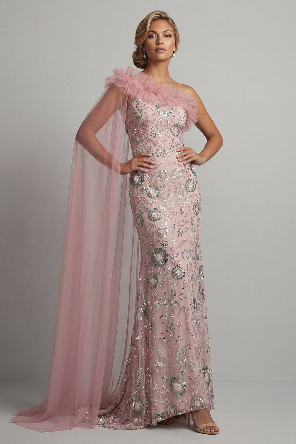Ruffled Mermaid Beaded Long Sparkly Pink Mother of the Bride Dress with Cape