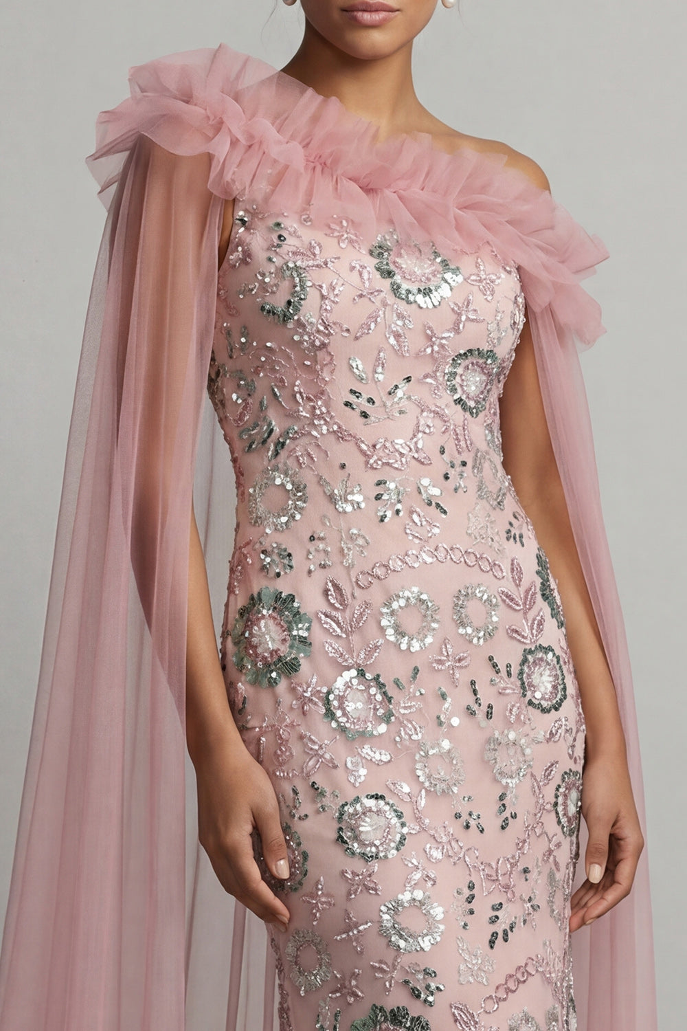 Ruffled Mermaid Beaded Long Sparkly Pink Mother of the Bride Dress with Cape