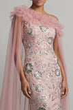 Ruffled Mermaid Beaded Long Sparkly Pink Mother of the Bride Dress with Cape