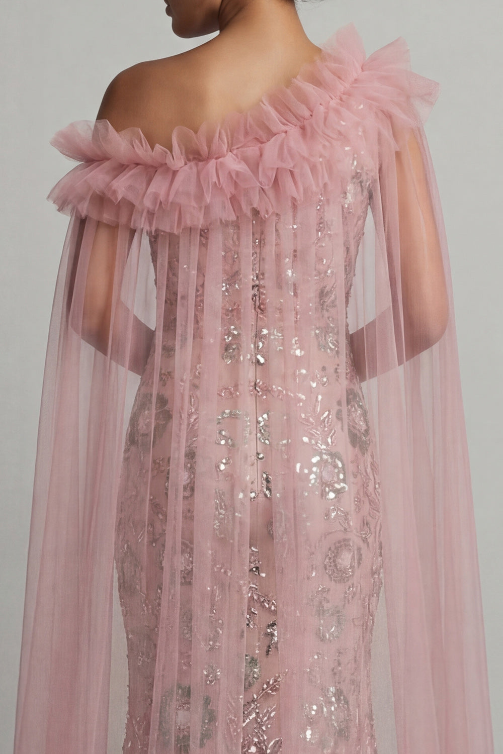 Ruffled Mermaid Beaded Long Sparkly Pink Mother of the Bride Dress with Cape