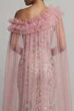 Ruffled Mermaid Beaded Long Sparkly Pink Mother of the Bride Dress with Cape