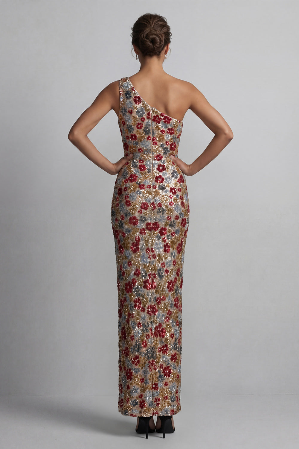 One Shoulder Floral Mermaid Sparkly Red Sequin Long Mother of the Bride Dress