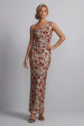 One Shoulder Floral Mermaid Sparkly Red Sequin Long Mother of the Bride Dress