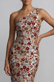 One Shoulder Floral Mermaid Sparkly Red Sequin Long Mother of the Bride Dress