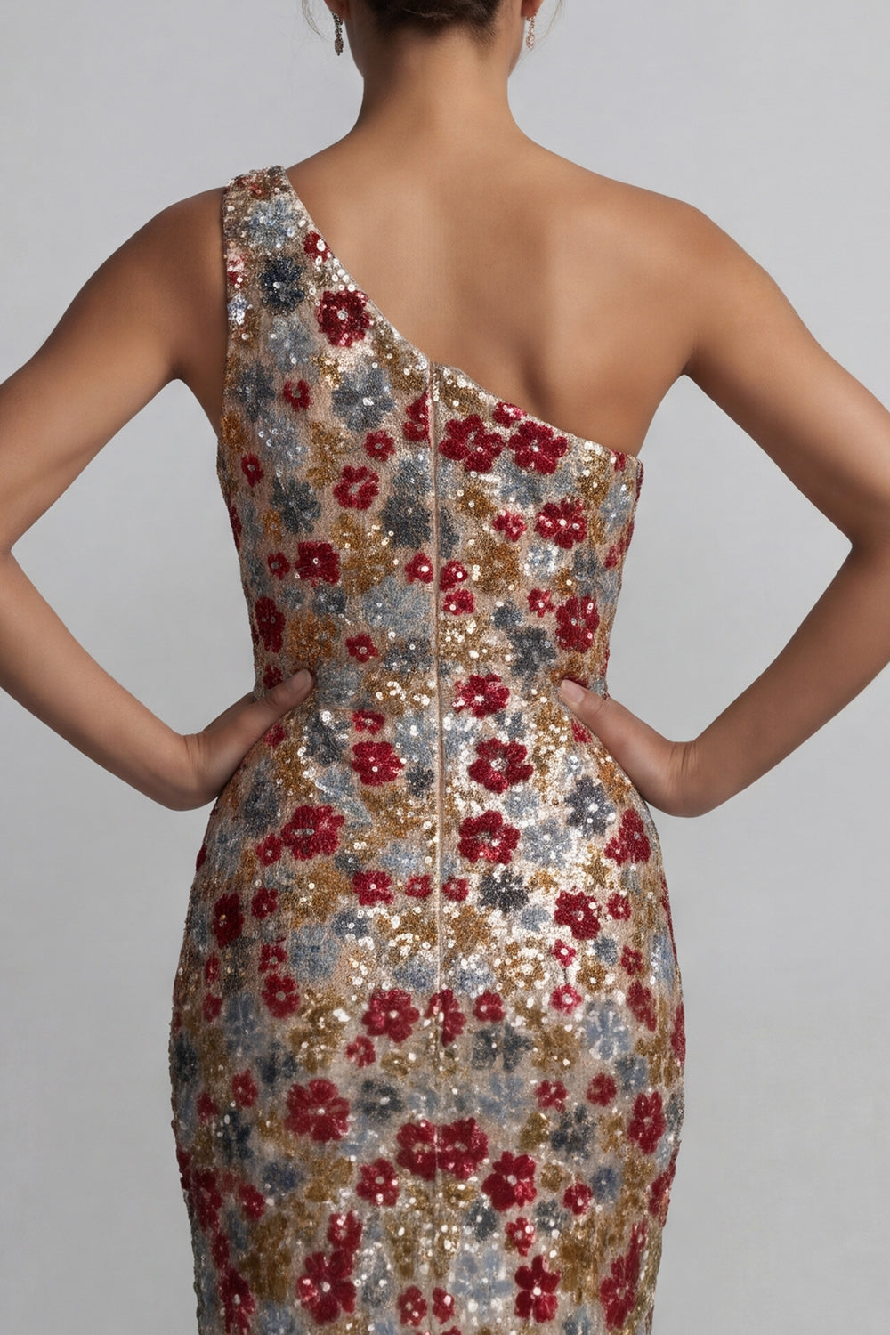 One Shoulder Floral Mermaid Sparkly Red Sequin Long Mother of the Bride Dress