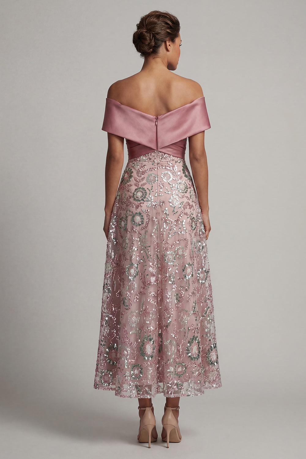 A Line Long Off the Shoulder Beaded Sparkly Pink Mother of the Bride Dress
