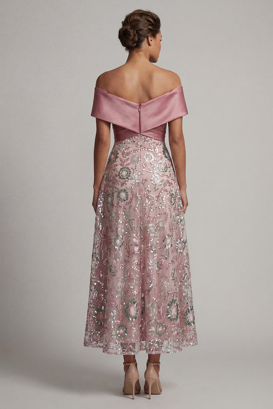 A Line Long Off the Shoulder Beaded Sparkly Pink Mother of the Bride Dress