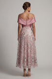 A Line Long Off the Shoulder Beaded Sparkly Pink Mother of the Bride Dress