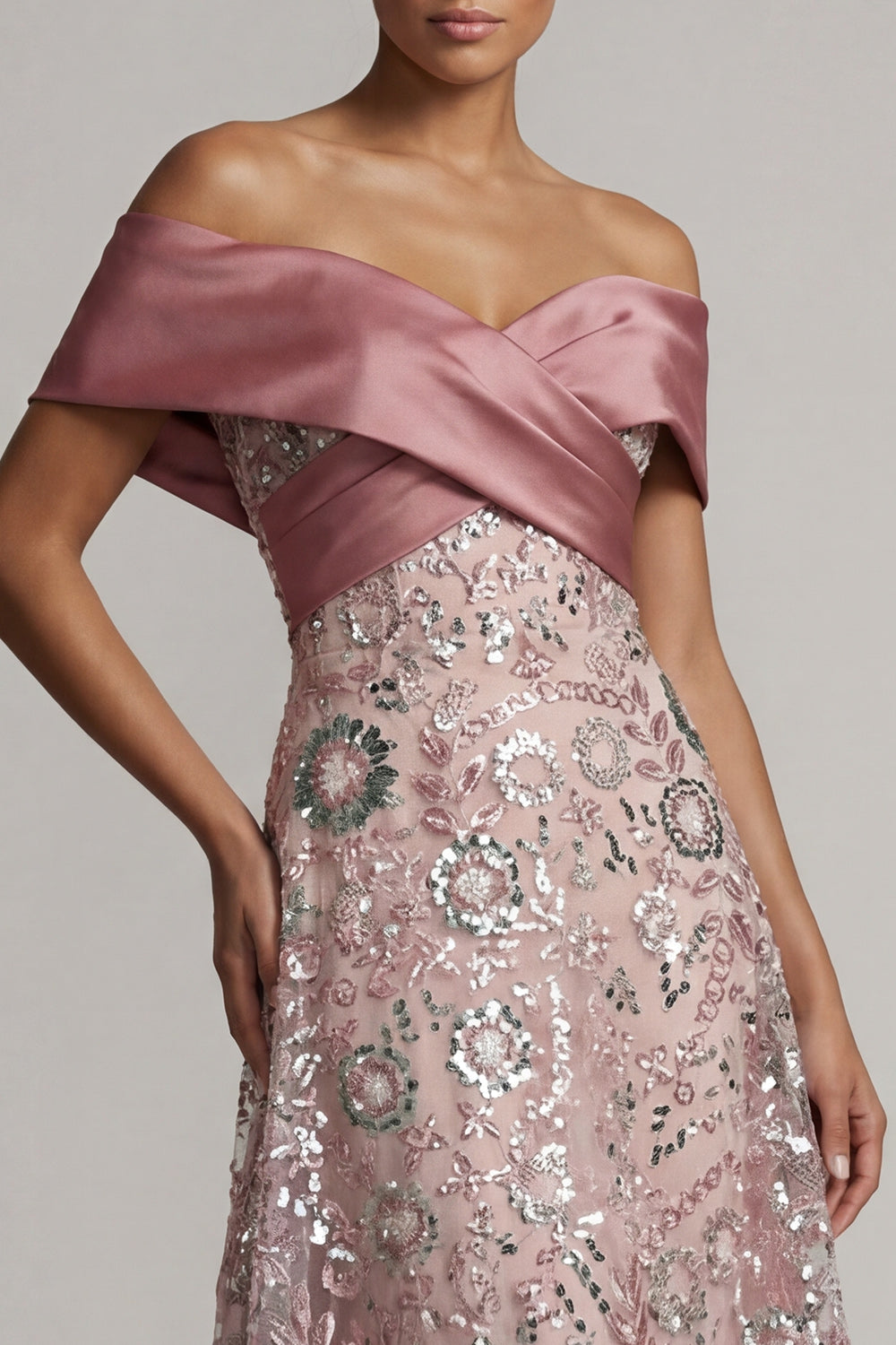 A Line Long Off the Shoulder Beaded Sparkly Pink Mother of the Bride Dress