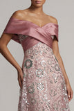 A Line Long Off the Shoulder Beaded Sparkly Pink Mother of the Bride Dress