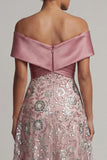 A Line Long Off the Shoulder Beaded Sparkly Pink Mother of the Bride Dress