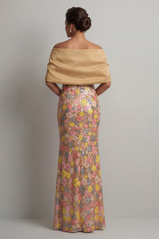 Floral Mermaid Sparkly Yellow Long Mother of the Bride Dress with Slit