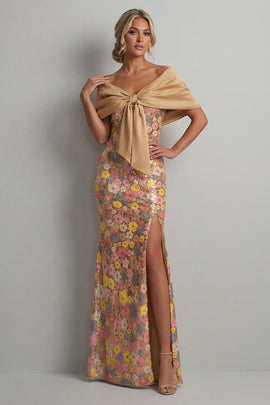 Floral Mermaid Sparkly Yellow Long Mother of the Bride Dress with Slit