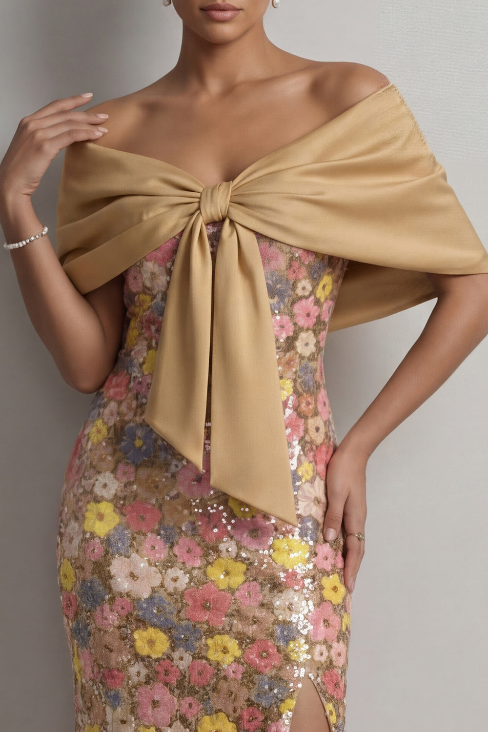 Floral Mermaid Sparkly Yellow Long Mother of the Bride Dress with Slit