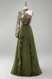 Eucalyptus Floral Long Sleeves A Line Long Mother of the Bride Dress with Ruffles