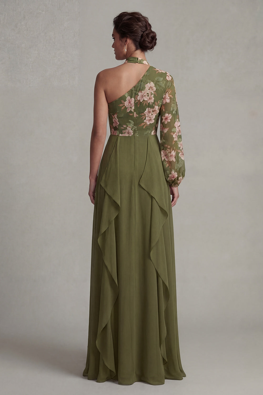 Eucalyptus Floral Long Sleeves A Line Long Mother of the Bride Dress with Ruffles