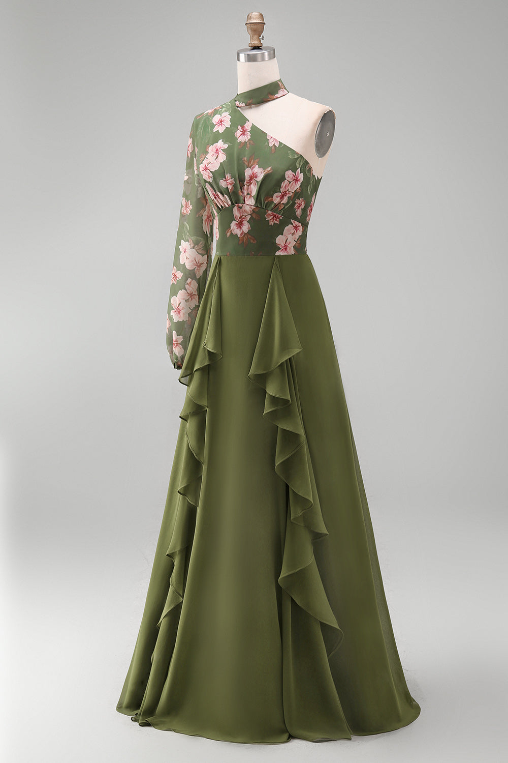 Eucalyptus Floral Long Sleeves A Line Long Mother of the Bride Dress with Ruffles