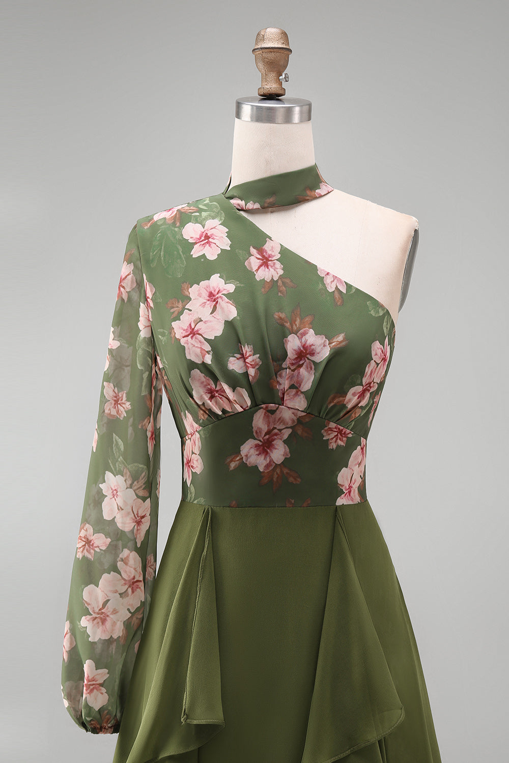 Eucalyptus Floral Long Sleeves A Line Long Mother of the Bride Dress with Ruffles