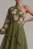 Eucalyptus Floral Long Sleeves A Line Long Mother of the Bride Dress with Ruffles