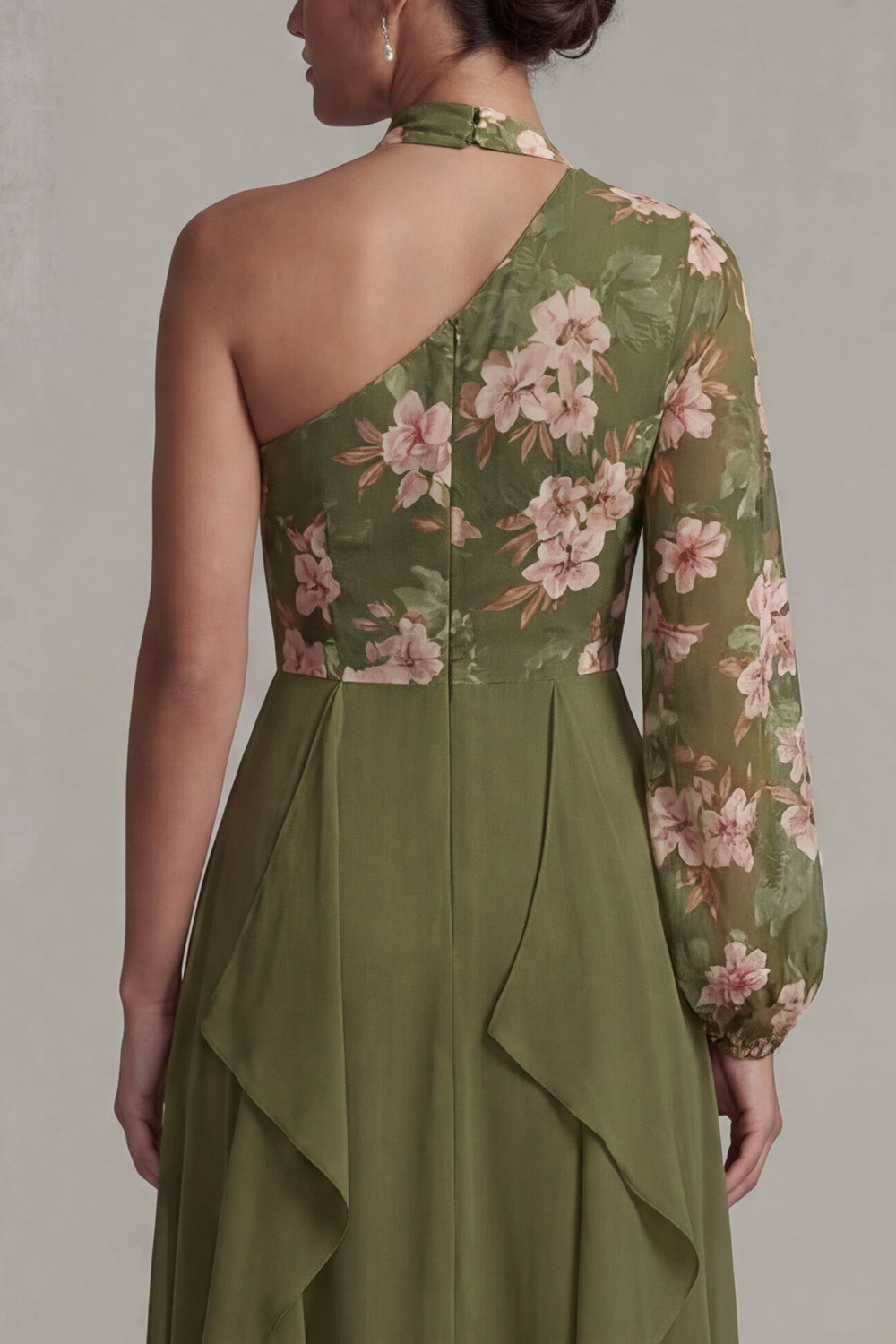 Eucalyptus Floral Long Sleeves A Line Long Mother of the Bride Dress with Ruffles