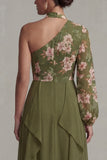 Eucalyptus Floral Long Sleeves A Line Long Mother of the Bride Dress with Ruffles