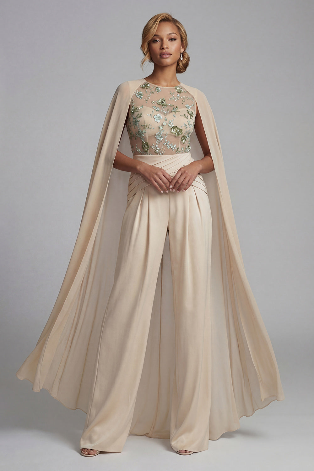 Champagne Floral Ruched Mother of the Bride Jumpsuits with Cape