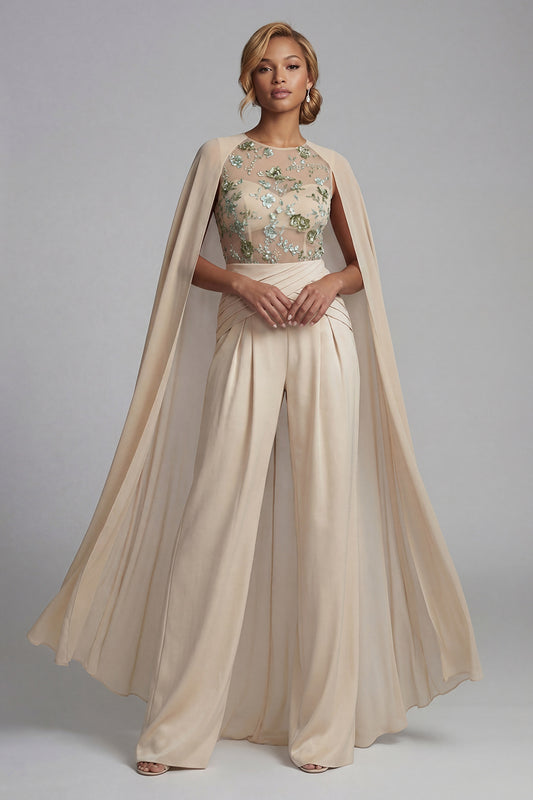 Champagne Floral Ruched Mother of the Bride Jumpsuits with Cape