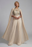 Champagne Floral Ruched Mother of the Bride Jumpsuits with Cape