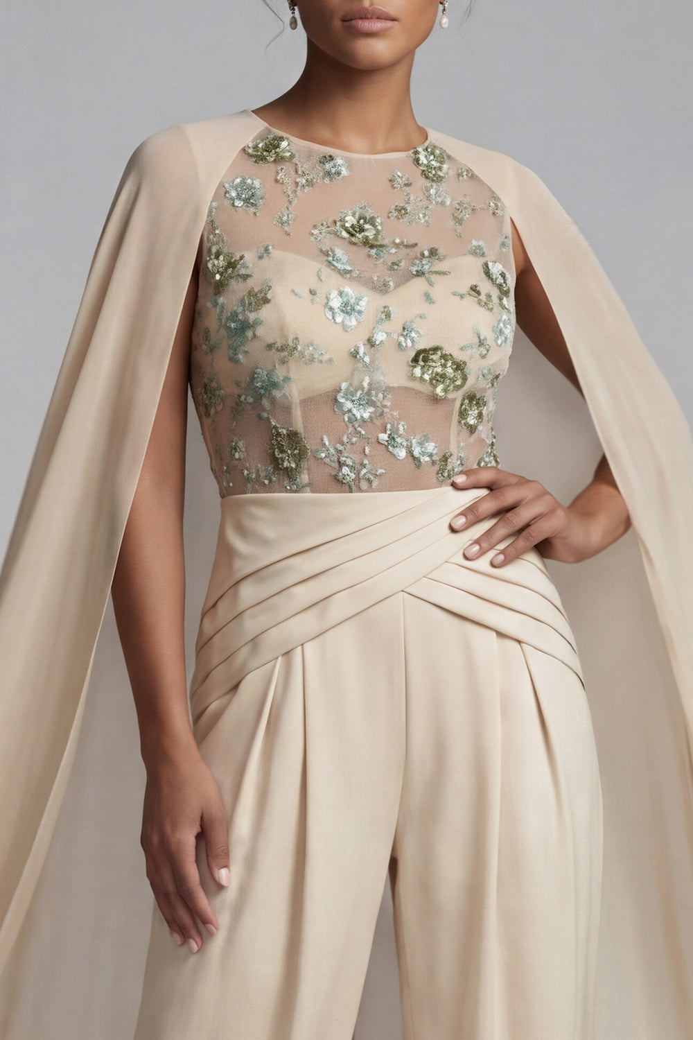 Champagne Floral Ruched Mother of the Bride Jumpsuits with Cape