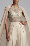 Champagne Floral Ruched Mother of the Bride Jumpsuits with Cape