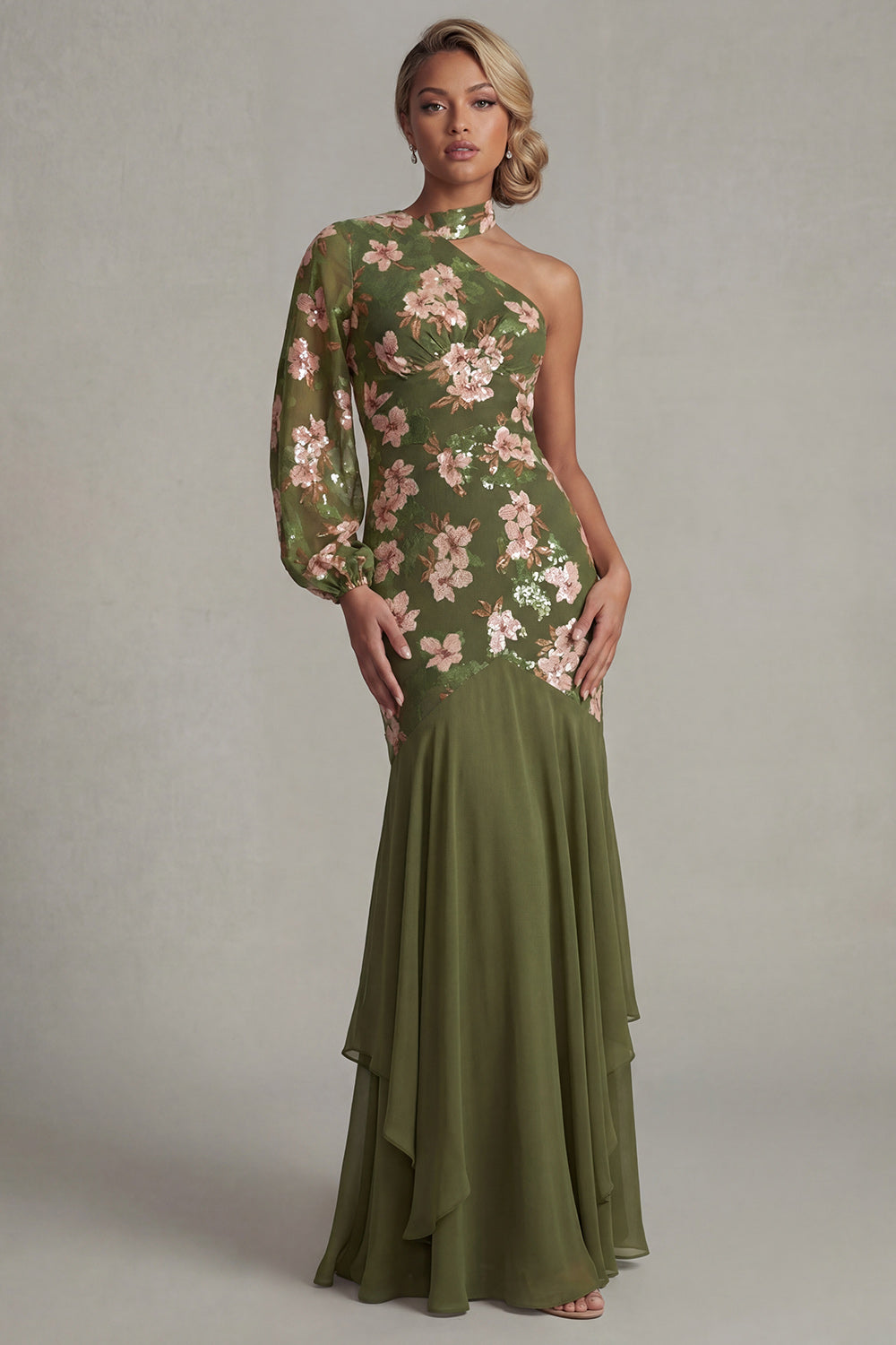 Mermaid Sparkly Eucalyptus Floral Long Mother of the Bride Dress with Ruffles